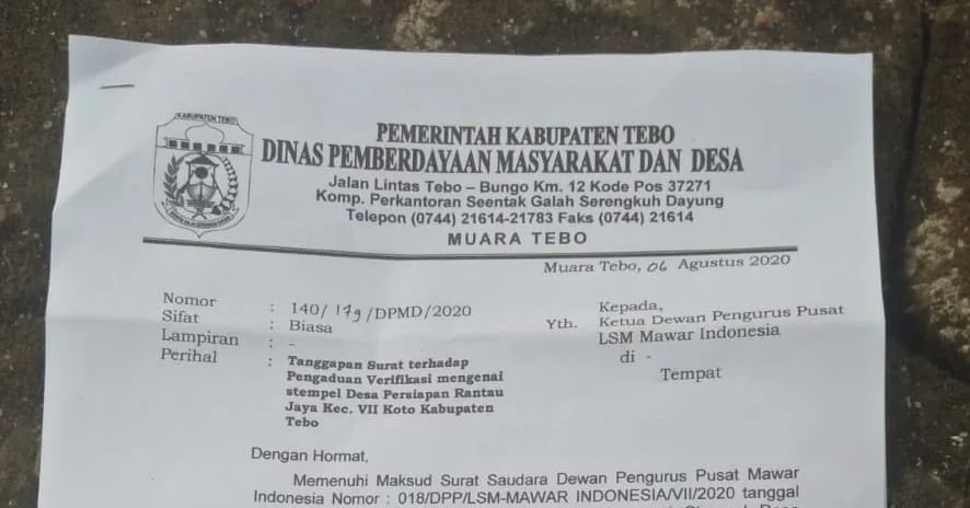 Pemkab Tebo Tegaskan Surat Atas Nama Desa Rantau Jaya Tidak Sah