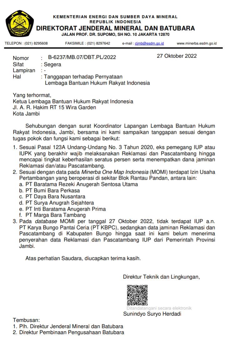 Dirjen Minerba Kementerian ESDM Balas Surat LBH RI, Terungkap PT KBPC ...