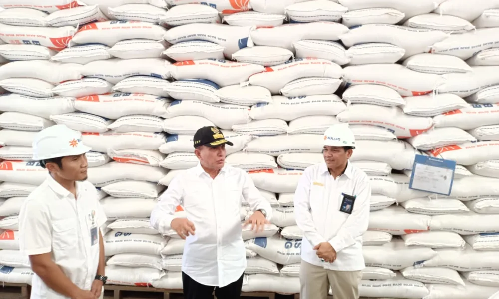 Gubernur Sumatera Utara Edy Rahmayadi meninjau gudang beras BULOG Sumut di Jalan Mustafa, Senin, 10 April 2023.