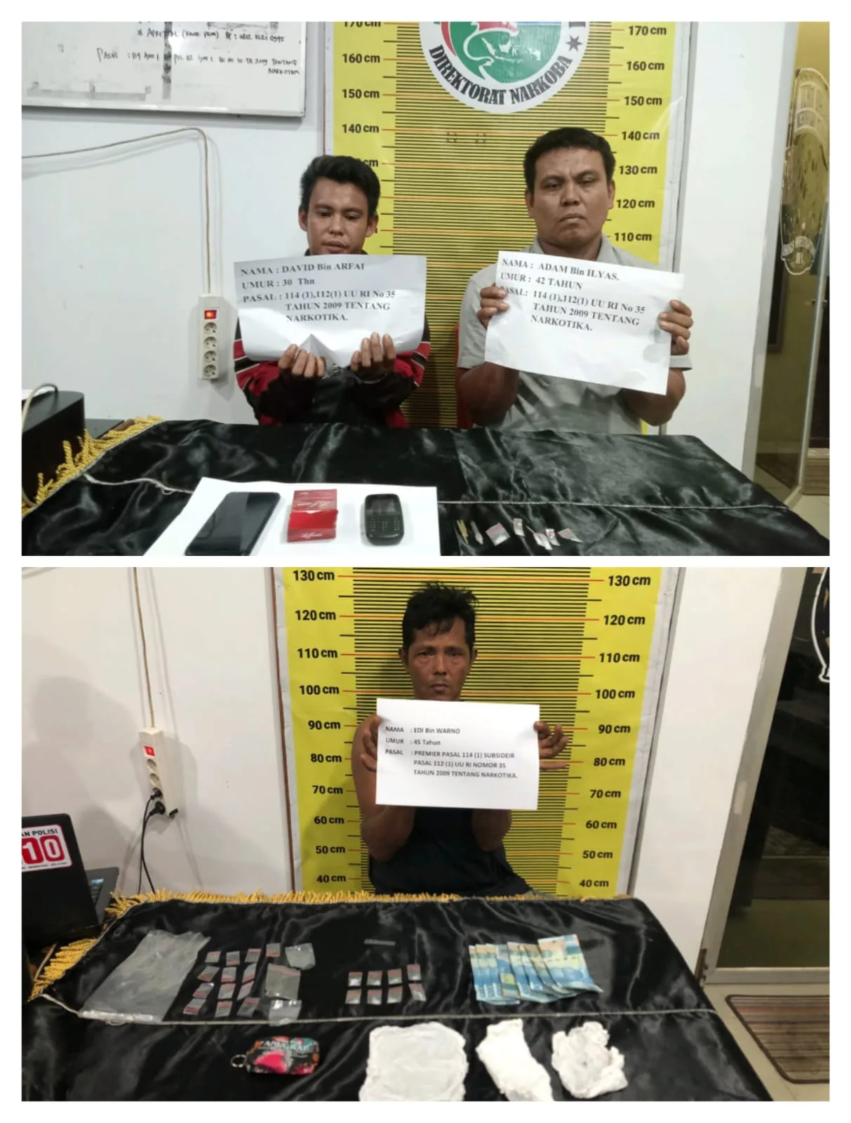 Tiga pelaku pengedar sabu yang berhasil di amankan dengan barang bukti sabu siap edar.(DETAIL/ist)