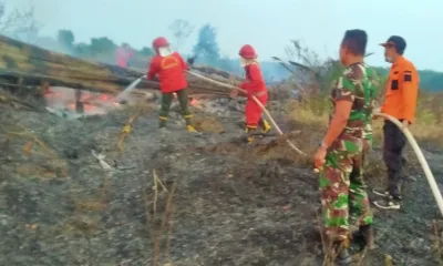 Personel Kodim Sarko bersama Satgas memadamkan api di perkebunan warga Bathin VIII, Sarolangun, Jambi. (DETAIL/ist)