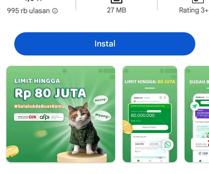 Tampilan AdaKami di Play Store. Pihak OJK telah memanggil AdaKami terkait dugaan teror dalam cara penagihan hutang ke nasabah.