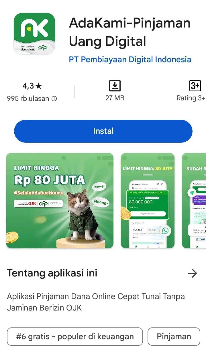 Tampilan AdaKami di Play Store. Pihak OJK telah memanggil AdaKami terkait dugaan teror dalam cara penagihan hutang ke nasabah.