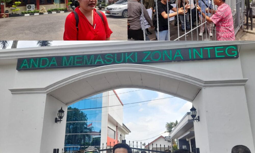 Istri pertama Tanoto Lim (kiri atas), demo di PN Jambi (kanan atas) demo di Kejari Jambi (bawah). (DETAIL/Juan)