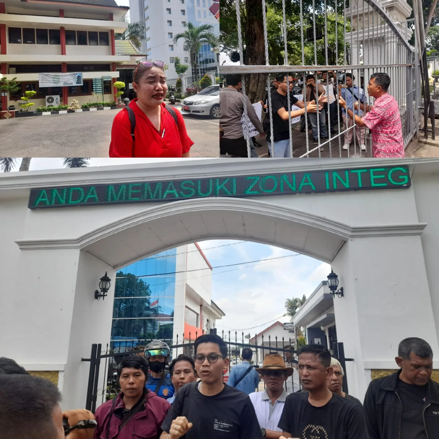 Istri pertama Tanoto Lim (kiri atas), demo di PN Jambi (kanan atas) demo di Kejari Jambi (bawah). (DETAIL/Juan)