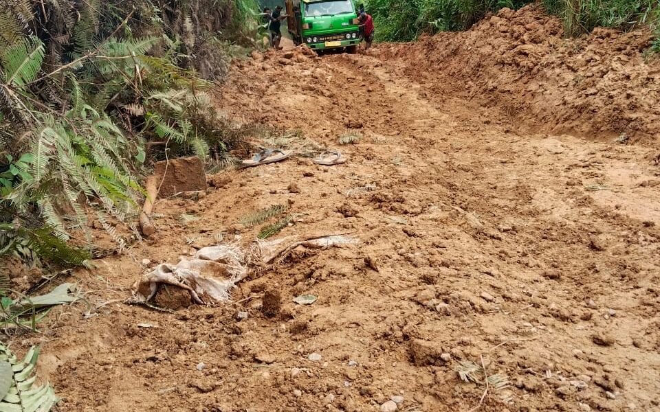 Jalan rusak menuju Desa Pulau Bayur, masih tanah merah banyak kendaraan yang terpaksa harus didorong agar bisa keluar dari jalan yang rusak. (DETAIL/Daryanto)