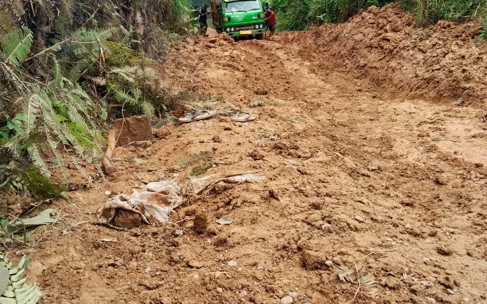 Jalan rusak menuju Desa Pulau Bayur, masih tanah merah banyak kendaraan yang terpaksa harus didorong agar bisa keluar dari jalan yang rusak. (DETAIL/Daryanto)