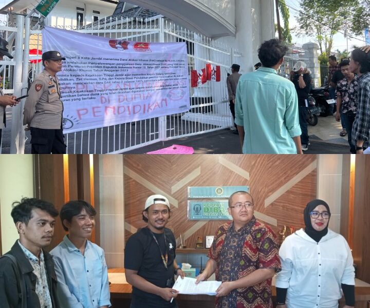 Massa aksi GMNI dan LMND berunjuk rasa dan bikin laporan di Kejari Jambi. (DETAIL/Juan)
