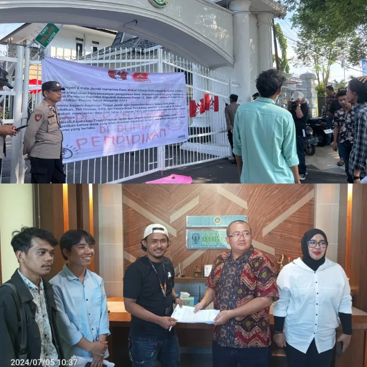 Massa aksi GMNI dan LMND berunjuk rasa dan bikin laporan di Kejari Jambi. (DETAIL/Juan)