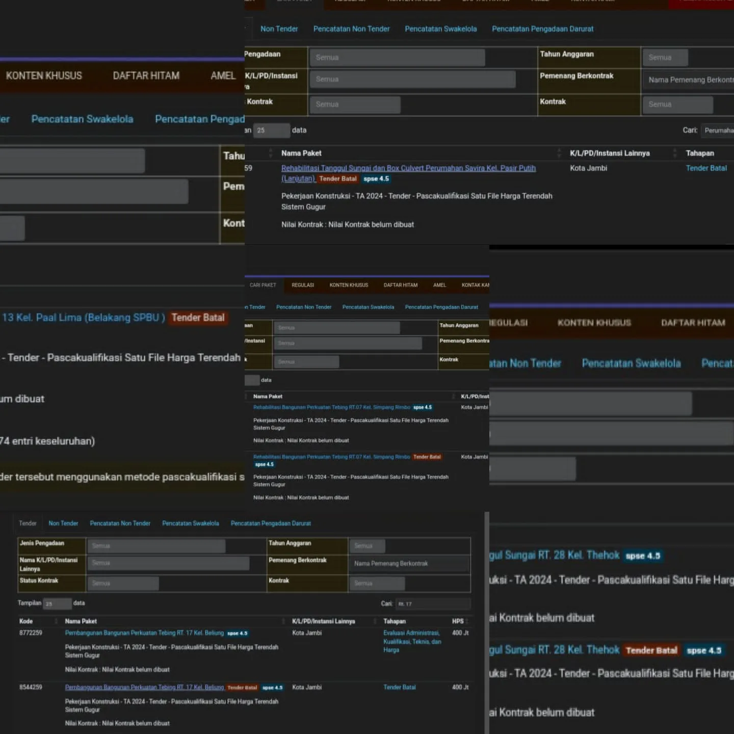 Tangkapan layar laman web LPSE Kota Jambi. (ist)