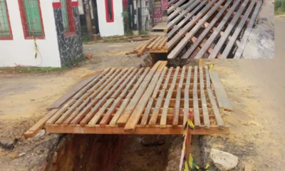 Jembatan rapuh yang diletakkan CV Putra Jaya di atas proyek paritnya. (DETAIL/Juan)