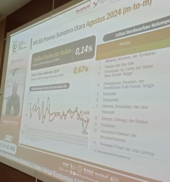 Asim Saputra selaku Kepala BPS Sumut saat memaparkan kondisi inflasi tahunan di Sumut pada Agustus 2024 lalu di Medan, kemarin. (DETAIL/Heno)
