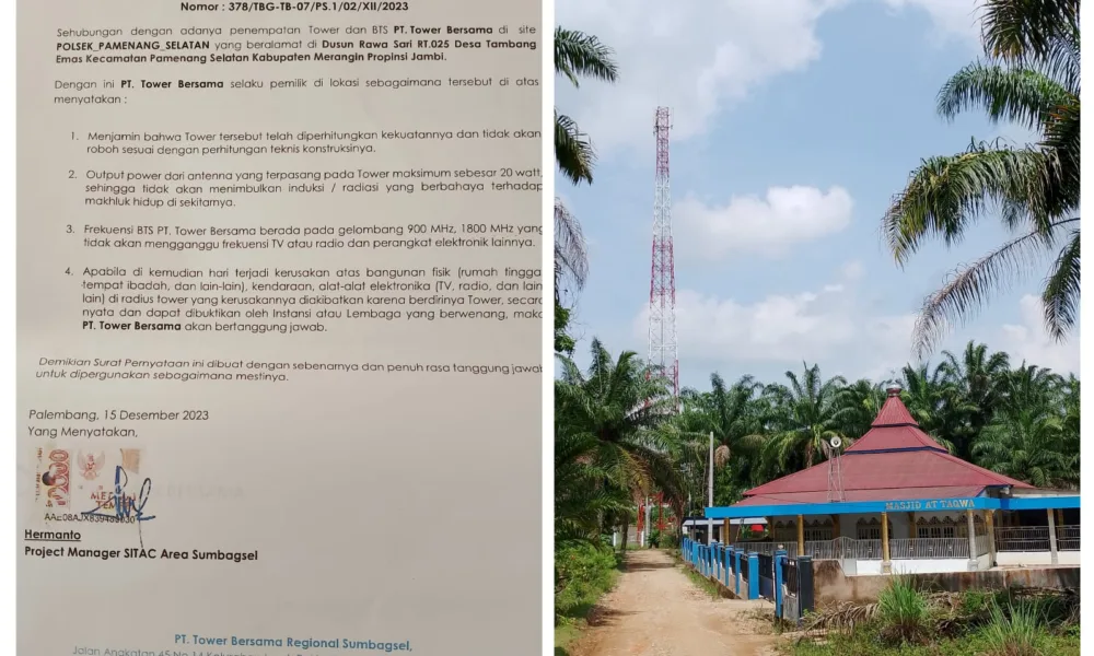 Surat pernyataan dan tower BTS yang berdiri di Dusun Rawasari. (DETAIL/Daryanto)