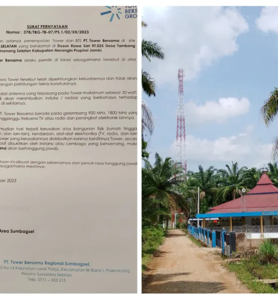 Surat pernyataan dan tower BTS yang berdiri di Dusun Rawasari. (DETAIL/Daryanto)
